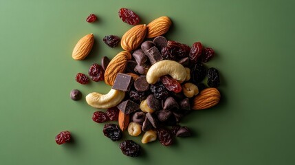 Colorful trail mix with almonds, cashews, dark chocolate pieces, and dried fruits on a green background ideal for healthy snacking