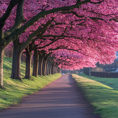 Pathway under blooming pink cherry blossoms