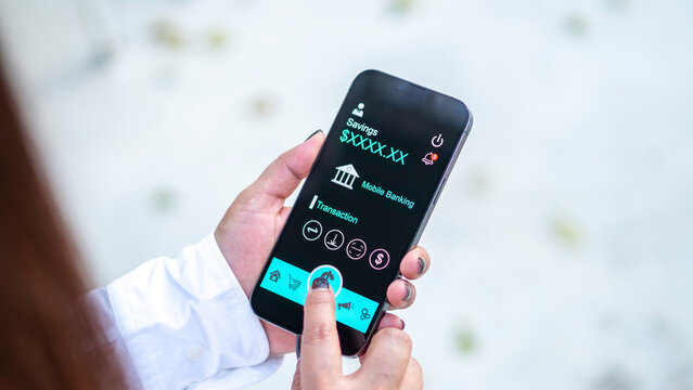 online shopping and payment via mobile banking apps. a woman accessing a mobile banking app on her smartphone, Internet bank, money transaction, fintech, Digital banking network, internet payment