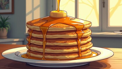 A stack of golden pancakes with maple syrup being poured over them breakfast feast