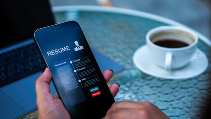 A businessman using a smartphone with digital resume icons and a checkmark, symbolizing recruitment, digital hiring processes, and professional evaluation.