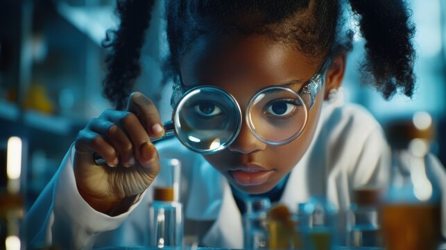 African American girl scientists learning science and looking germs. and bacteria through magnifying glass in classroom or laboratory. Scientific experiment. Early development of children - Powered by Adobe