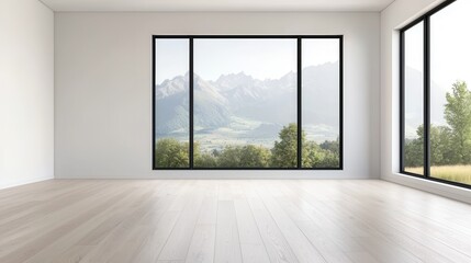 A bright, minimalistic room featuring large windows with a scenic view of mountains and trees, allowing natural light to fill the space.