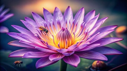 Vintage Purple Lotus Bloom with Insects: A Detailed Macro Shot