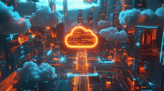 A digital illustration featuring a neon-lit cityscape with glowing lines forming a grid pattern.