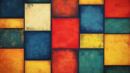 Large, off-kilter squares with bold, contrasting colors, giving a retro feel to the background.