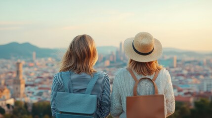 Naklejka premium Two women enjoy a sunset view over a city skyline, wearing casual outfits and hats, symbolizing friendship and travel.