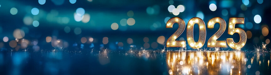 "2025" chiffres lumineux dor&eacute;s refl&eacute;t&eacute;s sur une surface brillante, ambiance festive avec bokeh bleu et dor&eacute; sur fond sombre et espace n&eacute;gatif copyspace
