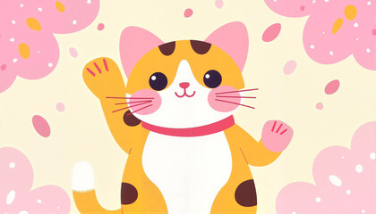 Cheerful fortune cat waving in cherry blossoms, symbol of luck