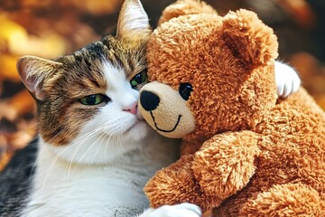 Fototapeta premium A cat and a teddy bear 