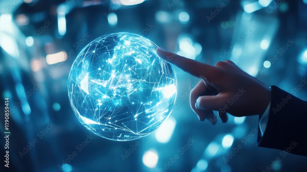 Poster close up of business man hand pointing at abstract glowing polygonal sphere and digital business int