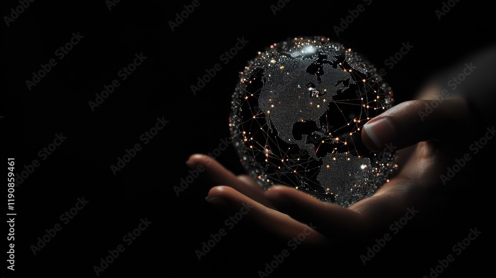 Poster hand holding a smartphone with a digital network overlay representing global connectivity and online
