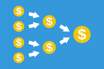 many small coins multiple to one big, successful business strategy, growth marketing plan, mergers and acquisitions concept, increase profit vector illustration