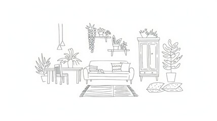 Obraz premium Cozy Living Room Interior Design Sketch Featuring Plants and Furniture