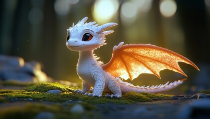 Naklejka premium A cute baby dragon with big eyes, smiling and looking at the camera, forest background