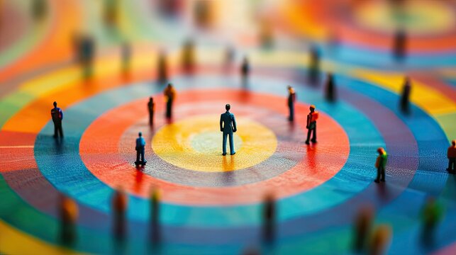 A central blue figure stands on a multicolored target-like surface with concentric circles