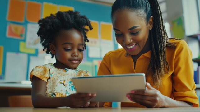 Happy mature female teacher educator helping African American junior school kid girl student using digital tablet computer education program app technology during elementary class lesson in classroom