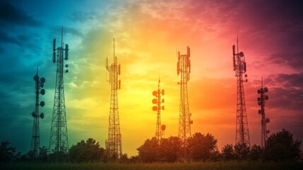 Vibrant Skyline, Telecommunication Towers Against a Colorful Sunset, Modern Technology