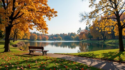 Obraz premium A serene lake embraced by lush grass, dotted with vibrant orange leaves underfoot. A meandering concrete path guides to a quaint wooden bench beside it