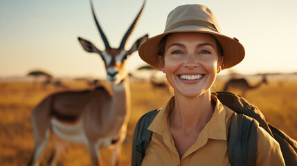  woMan wearing a safari hat and backpack smiling with gazelle in the golden savannah background