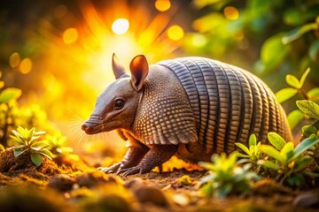 Vintage Style Armadillo in Lush Natural Habitat - Stock Photo