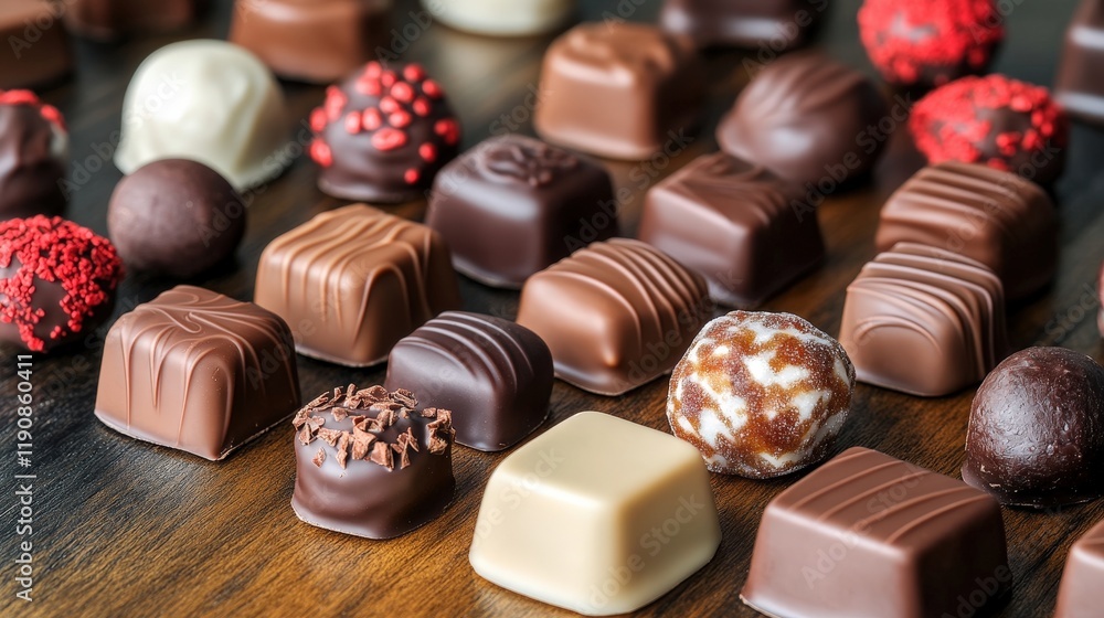 Aufkleber table displaying assorted chocolates and candies in various shapes and colors valentine day