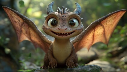 A cute baby dragon with big eyes, smiling and looking at the camera, forest background