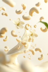 Cashew nuts splash in milk with flowers