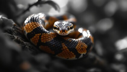 Naklejka premium Close-up of a striking snake with intricate patterns.