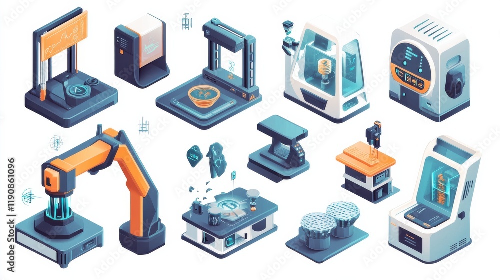 Poster 3d printing in business isolated cartoon vector illustrations set. architecture model, three-dimensi