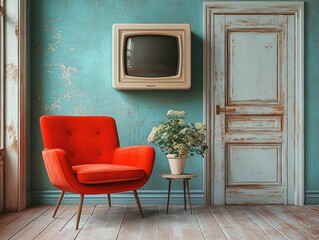 Orange chair, old tv, potted flowers in rustic room with closed door