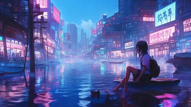 Futuristic Cityscape with Neon Lights and Water Reflection