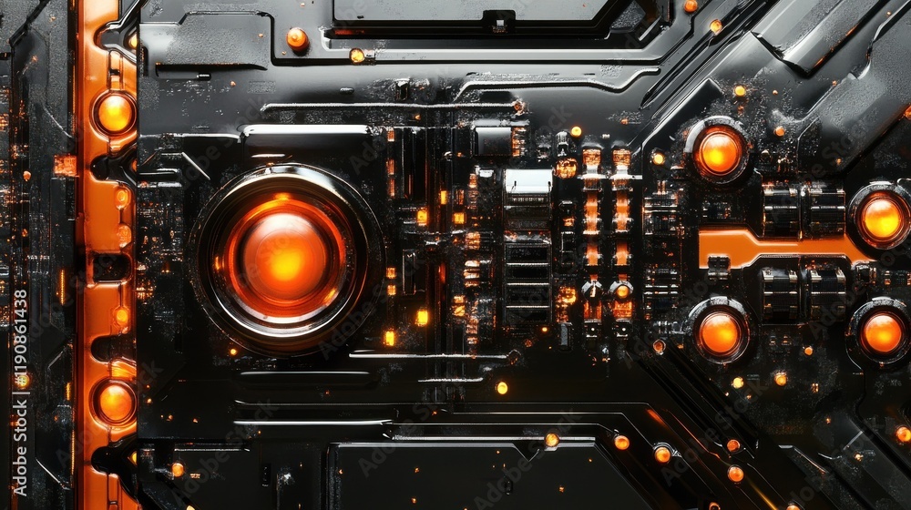 Poster detailed macro shot of a futuristic circuit board with metallic and orange elements, showcasing tech