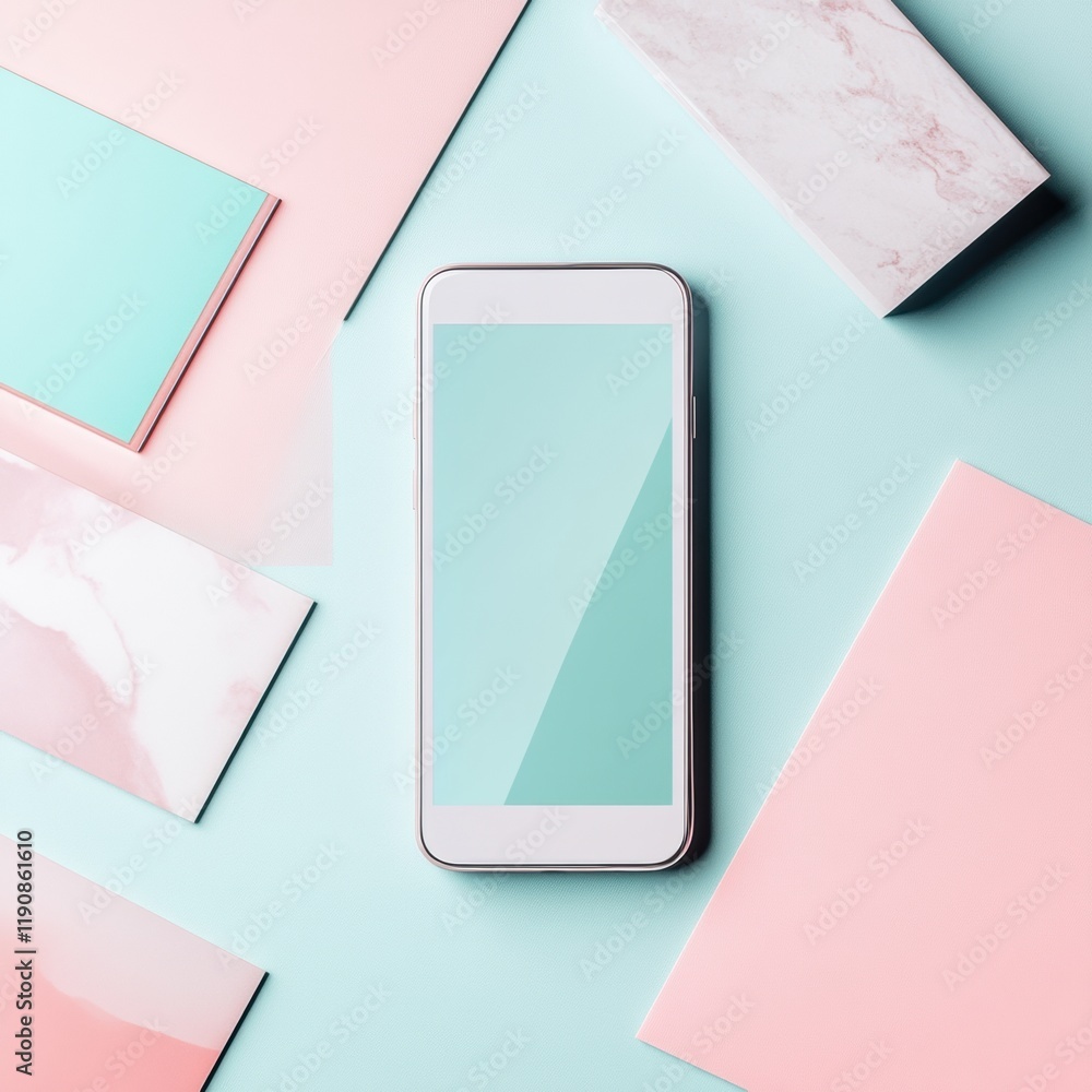 Poster modern flat lay design featuring a smartphone surrounded by pastel colored geometric shapes. generat