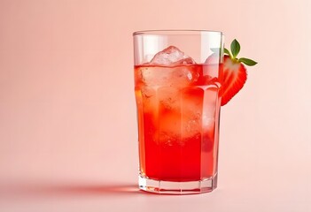 Still life with glass of cooling strawberry Sangria with sparkling wine, strawberry, ice cubes. Refreshing summer alcoholic cocktail drink , lemonade or ice tea. Close up
