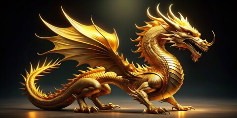 Obraz premium Majestic Gold Dragon: Vintage Style 3D Rendered Full Body Portrait