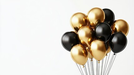 D helium balloons in gold and black against a white background, perfect for creating a festive poster or greeting card for birthdays or anniversaries.