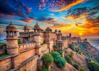 Naklejka premium Majestic Gwalior Fort, Madhya Pradesh: Sunrise Panoramic View