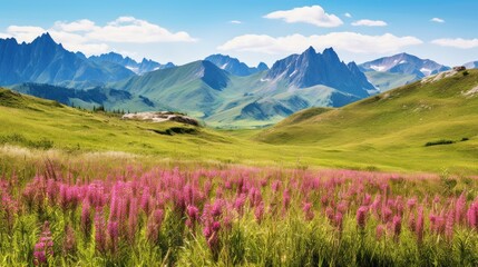 Obraz premium Breathtaking Mountain Panorama with Lush Meadows and Pink Wildflowers, Snow-Capped Peaks against Blue Skies