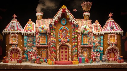 Fototapeta premium A beautifully crafted gingerbread house with bright candy details and icing accents, perfect for showcasing in a holiday-themed photo backdrop