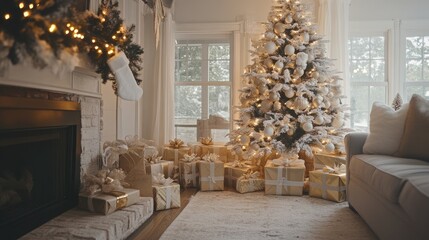 A beautifully decorated Christmas tree in a cozy room, surrounded by gifts wrapped in gold and white under the twinkling lights.