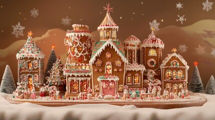 A beautifully decorated gingerbread house with delicate icing work and colorful candies, set against a warm Christmas backdrop for a cozy holiday feel