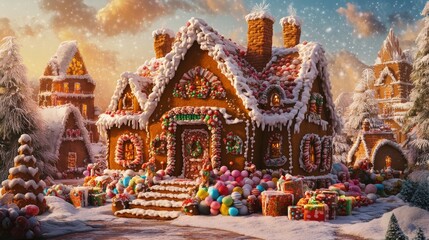 A beautifully decorated gingerbread house with delicate icing work and colorful candies, set against a warm Christmas backdrop for a cozy holiday feel