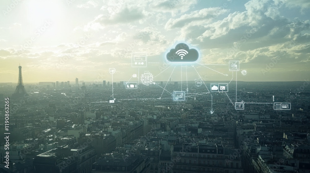 Aufkleber data storage, smart city and cloud technologies concept with digital social networking internet icon