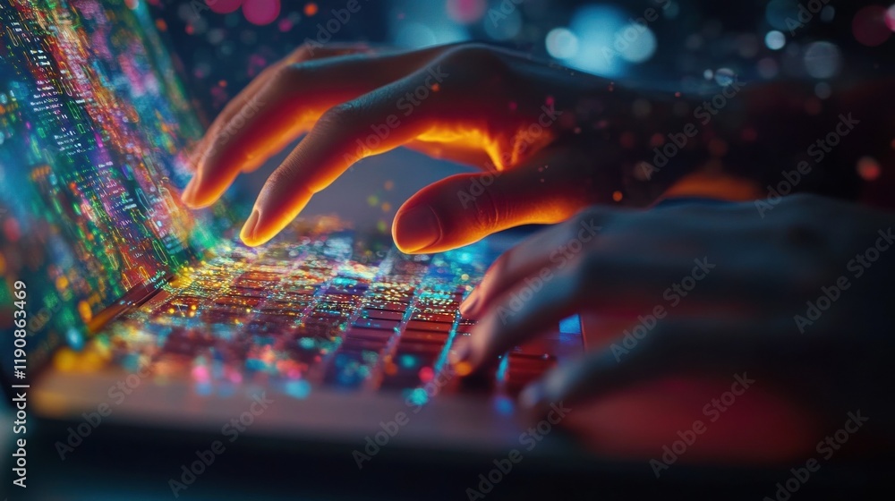 Poster close-up view of hands typing on a laptop with a vibrant overlay of digital data and lights symboliz
