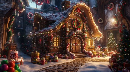 A beautifully designed gingerbread house with intricate icing work, colorful candies, and a cozy Christmas setting, perfect for holiday-themed imagery