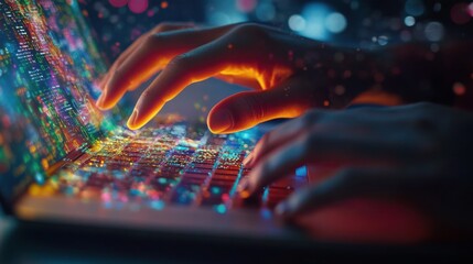 Close-up view of hands typing on a laptop with a vibrant overlay of digital data and lights symbolizing connectivity
