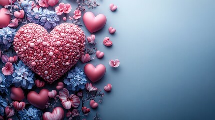 Obraz premium Heart shape surrounded by colorful flowers and smaller hearts on a white background valentine day