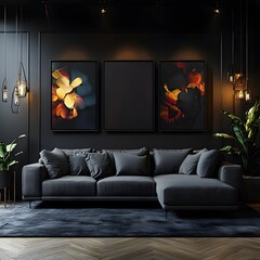  Living room with 3 three accent canvas square painting picture. Frames for art on a black wall. Gallery in dark colors with a gray sofa or couch. Rich exhibition mockup layout triptych. Generative Ai