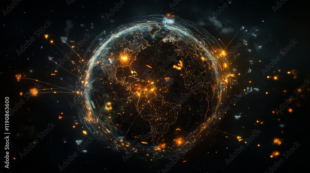 Poster global data connectivity event world digital visualization technology aerial view information flow